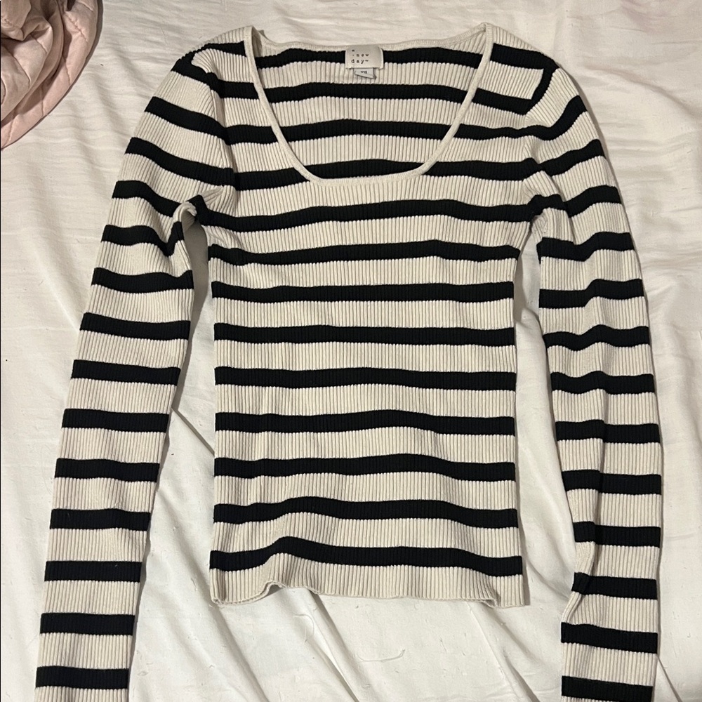 A New Day Black and White Striped Ribbed Top